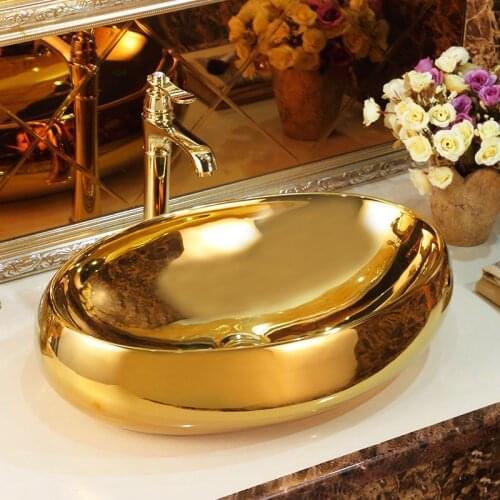 Oval Electroplating Gold Luxurious Artistic European Court Style Wash Basin Over The Counter