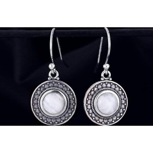 Natural Round Moonstone Earrings 925 Sterling Silver Earrings for Women Vintage Jewelry Wedding Party Anniversary Gift Fashion
