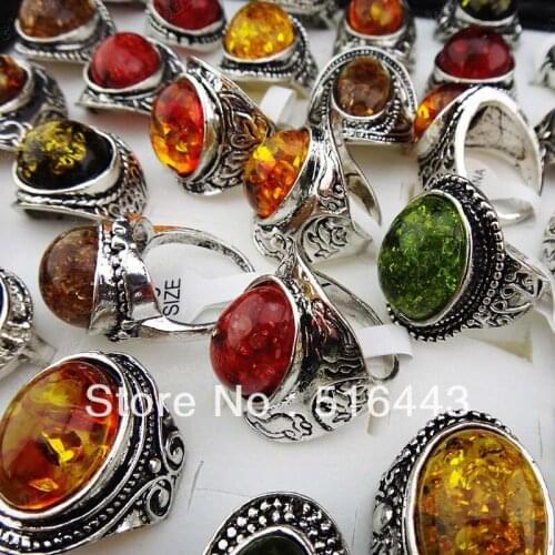 Charms 5pcs Mix large Vintage Amber Antique Silver Retro Womens Mens Rings Wholesale Jewelry Lots Free Shipping A-914