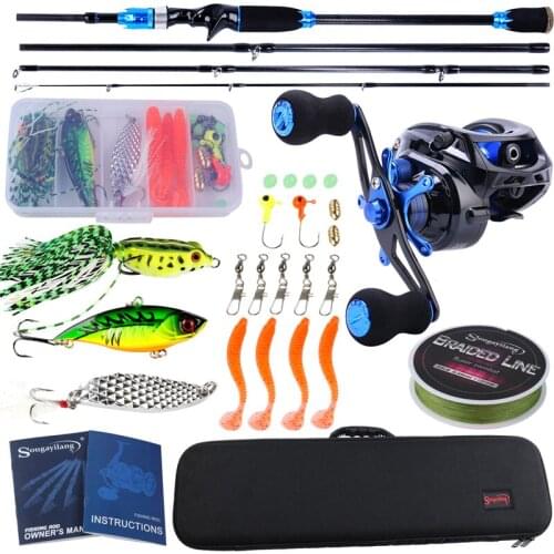 Sougayilang Portable Fishing Tackle Rod Bag Combo 4 Section Carbon Fiber Baitcasting Rod 10BB Reel Fishing Line Lures Hook Combo