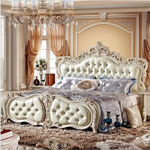 Modern european solid wood bed Fashion Carved leather french bedroom furniture 10026