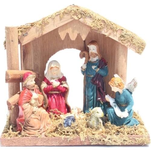 Nativity Scene Statue Figurine with Moss House Christmas Gift Resin Miniature Sculpture Christian Religious Gift Church Decorati