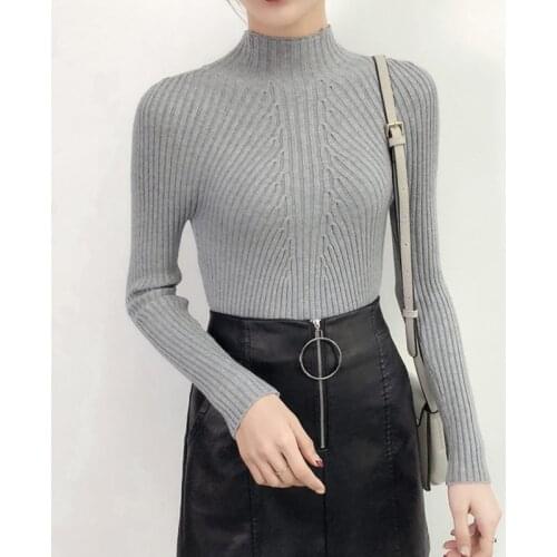 Autumn Winter Half High Collar Womens Sweater Solid Pullovers Jersey Mujer Knitted Slim Long Sleeve Top All-match Pull Femme