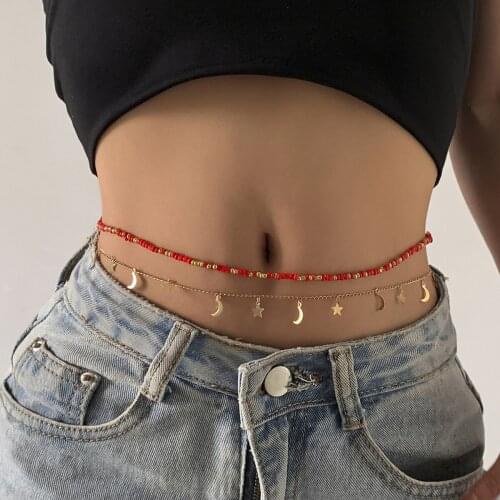 New Fashion Bohemia Beaded Waist Chain Summer Beach Girls Sexy Bikini Body Waist Chain Metal Star Moon Pendant Jewelry For Women