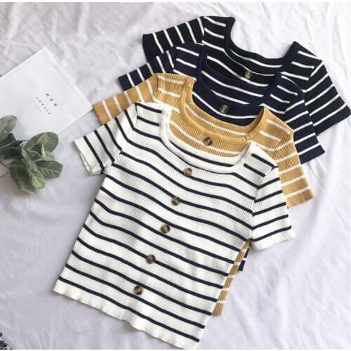 2020 Summer Women Slim Round Neck Knitting T-Shirts Fashion Striped Pullover Sexy Crop Top Casual Girls Short Tops T-shirt