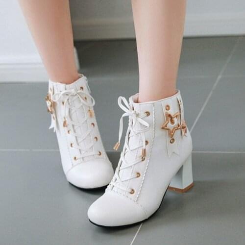 PXELENA Korean Fashion Girls Ankle Boots 2019 Autumn Star Rivet Lace Up Chunky Block High Heels Party Wedding Shoes White Pink