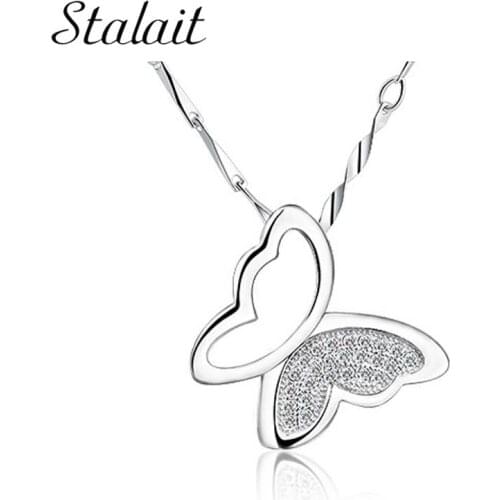 Female Hollow Rhinestones Butterfly Pendant Necklace Elegant Silver Color Long Chain Necklaces Fashion Jewelry Gift