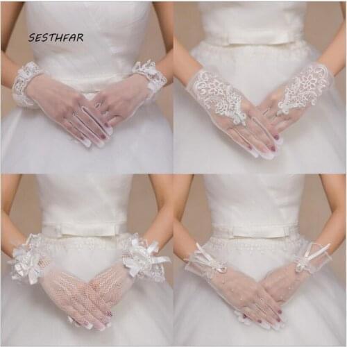 Women Bride Gloves Short Red Ivory Wedding Gloves Finger Wrist Length Flower Tulle For Wedding ST011