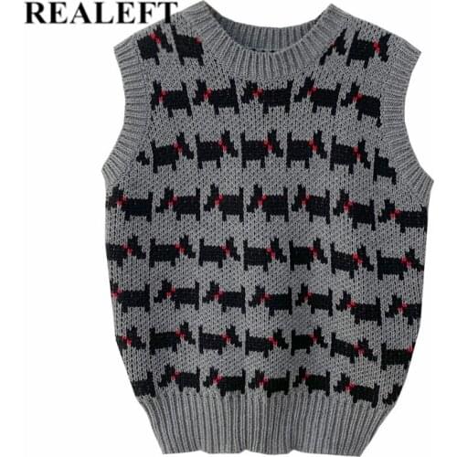 REALEFT Vintage Womens Sweater Vest 2021 New Autumn Winter Sleeveless Casual Loose Pullovers Ladies V-Neck Knitted Tops Female