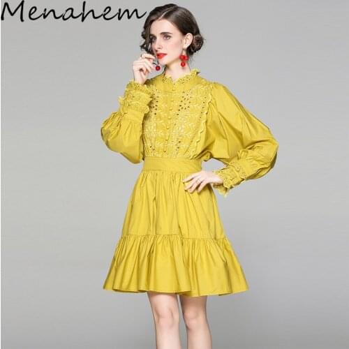 Menahem 2021 Fashion Vacation Hollow Out Embroidery Cotton Dress Women Long Lantern Sleeve Ruffled Collar Embroidered Mini Dress