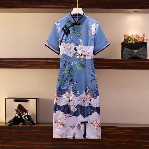 2021 Summer Chinese Style Elegant Womens Retro Cheongsam Dresses Blue Floral Print Short Sleeve Split Party Femme Dress