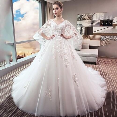 White Wedding Dress Sexy Deep V-Neck Floral Print Embroidery Half Sleeves Simple Elegant Lace up LongWomen Bride Dresses B009