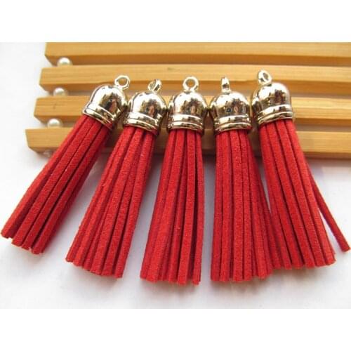 Free Shipping 100Pcs 59mm Red Suede Leather Jewelry Tassel For Key Chains/ Cellphone Charms Top Plated End Caps Cord Tip