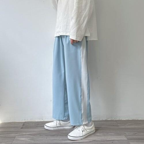Summer Thin Casual Pants Mens Fashion Contrast Color Wide-leg Pants Men Korean Loose Ice Silk Pants Mens Joggers Track Pants