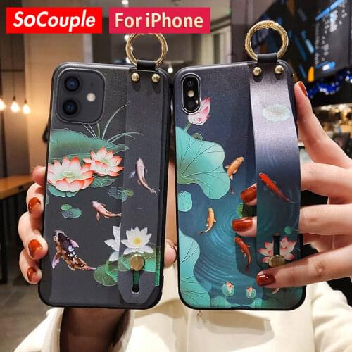 SoCouple Wrist Strap Phone Holder Case For iPhone 12 11 Pro Max X Xs Max XR 7 8 Plus SE Lotus Fish Pattern TPU Wrist Strap Cover