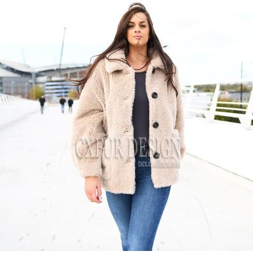 CX-G-T-01B 2018 New Winter Warm Women Sheep Wool Teddy Bear Coat with Pocket
