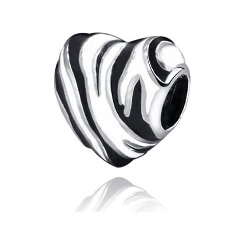 Girl Gift 925 Sterling Silver Beads Fit Original Pandora Bracelets Zebra Pattern Enamel Heart Charm Women DIY Fashion Jewelry