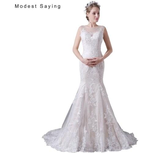 Elegant Ivory and Champagne Mermaid Applique Lace Wedding Dresses 2017 Women Long Organza Bridal Gowns vestido de noiva A028