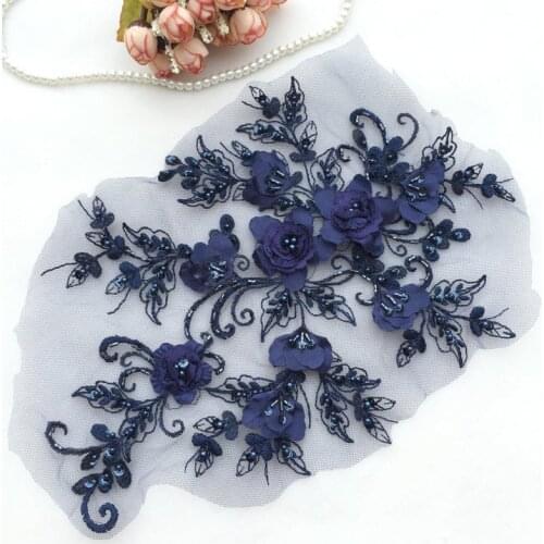 9 Colors 3D Beaded Flower Lace Applique in Navy Blue, Gold, Pink, 3D Flower Lace Fabric For Wedding Sash Bridal Hair Flower