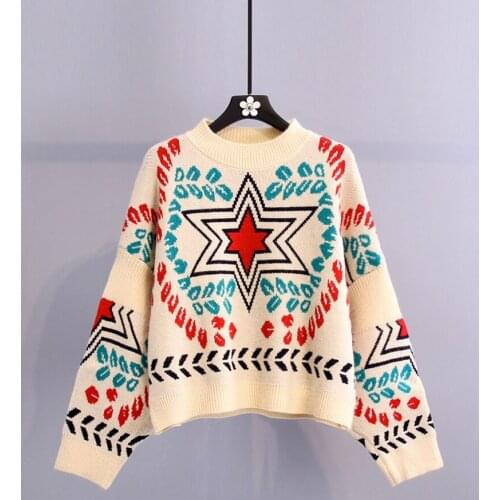 Geometric Jacquard Pullover Sweater Womens New Loose And Lazy Knitted Top