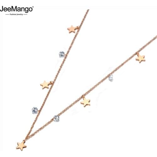 JeeMango Trendy Titanium Stainless Steel Star Charm Choker Necklaces Bohemia CZ Crystal Pendant Necklace For Women Girls JN20004