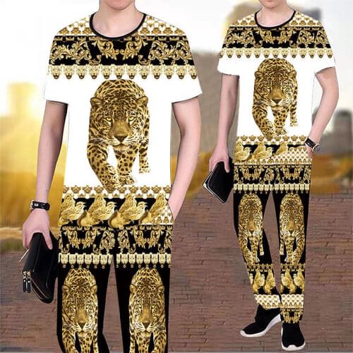 Summer Chinese style mens 3D leopard pattern printed short-sleeved T-shirt + trousers 2-piece fashion casual leopard print suit