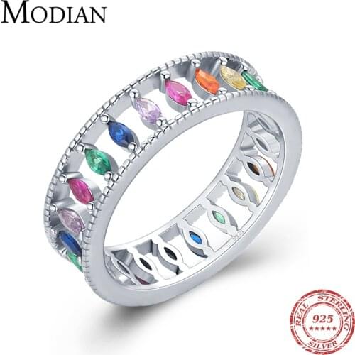 Modian 925 Sterling Silver Fashion Rainbow Colorful Stackable Ring Dazzling Rhombus Crystal Finger Rings For Women Party Jewelry