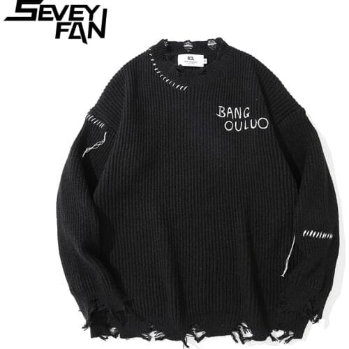 SEVEYFAN Hi Street Mens Ripped Letter Embroidery Sweater Hip Hop Torn Edge Streetwear Pullover Knitwear for Couples