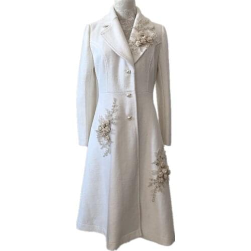 Autumn winter ladies temperament elegant woolen coat women long-sleeved white three-dimensional embroidery slim long wool blend