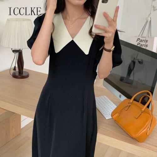 2021 Summer French Elegant Hepburn Lapel Contrast Color Slim Puff Sleeve One-Piece Korean Womens Casual Ladies Office Dresses