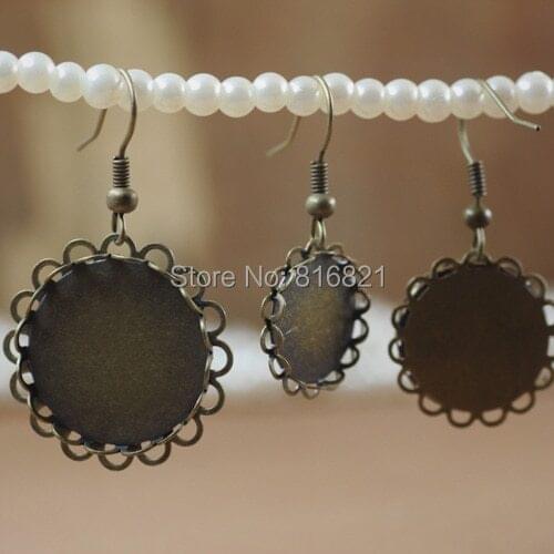 Blank Ear Wire Clip Hook Earrings Settings Double Round Lace Bezel Cabochons Base Earrings Findings Antique Bronze tone Plated
