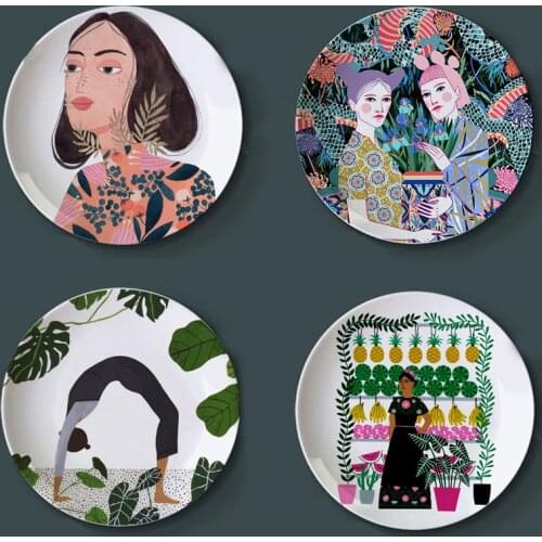 Hand-painted Illustration art Plate, Abstract Character art Ceramic Hanging Plate, Home Hotel Photo Studio Decoration Ornaments