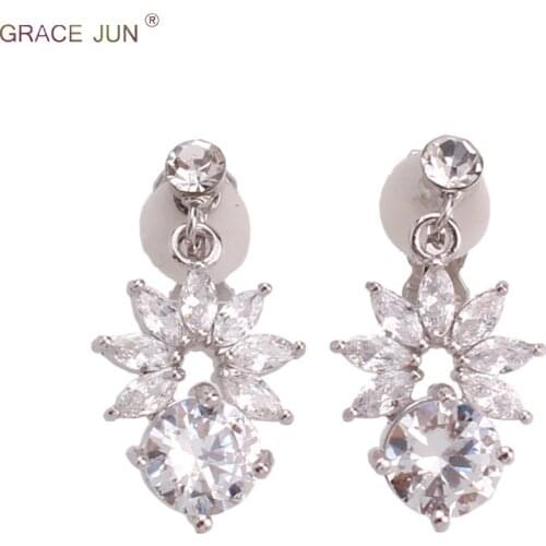 High Quality AAA Cubic Zircon Flower Shape Hollow-out Clip on Earrings No Pierced for Women Party Wedding Cute Pierced Earrings