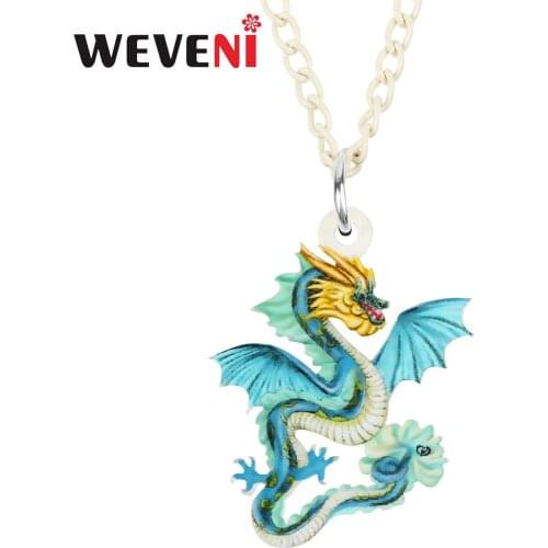 WEVENI Acrylic Cute Blue Wings Dragon Dinosaur Long Necklace Pendant Fashion Chain Unique Charms Gifts Jewelry For Women Girls