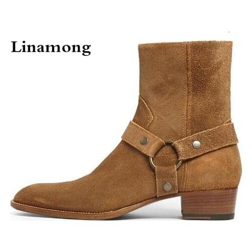 Factory Price Hot Brown Suede Leather Strap Men Boots Round Toe Side Zipper Stacked Heel Cool Boots Men Shoes Cheap Sale Size 47