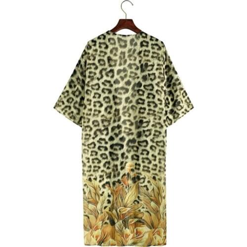 Women Casual Beach Blouse, Green Leopard Printed Pattern Half Sleeves Loose Style Long Tops