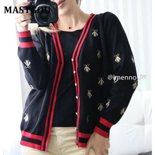 MASTGOU Embroidery Animal Women Cardigan Sweater V Neck Striped Women Jumpers Knitted Cardigan Jacket Coats Female Outfits