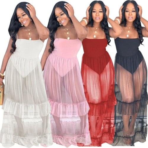 2019 Plus Size Womens Maxi Boho Dress Summer Bikini Cover-Ups Beach Evening Party Sleeveless Tulle Long Sundress Beachwear