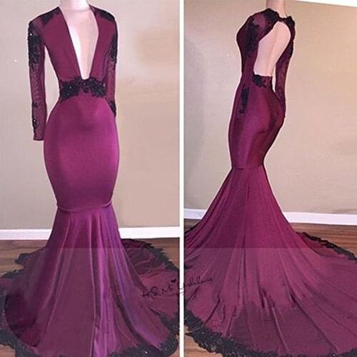 Sexy Long Sleeve Evening Dresses Mermaid Wine Black Lace Deep V Neck African Prom Dress 2018 Vestidos fe Festa Sweep Train Beads