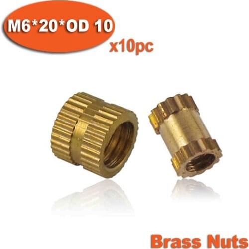 10pcs M6 x 20mm x OD 10mm Injection Molding Brass Knurled Thread Inserts Nuts