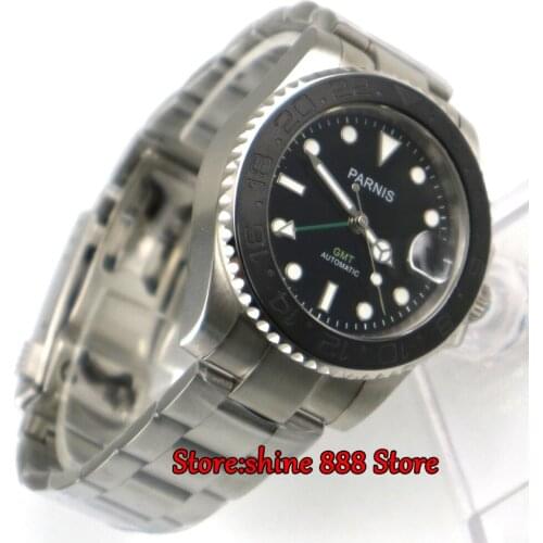 2107 new fashion 40mm PARNIS GMT Sapphire Glass Black cerami Bezel Automatic Self-Wind movement Men Watch Mechanical watches