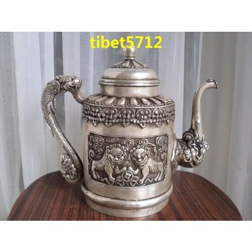 23 cm tall Tibetan bronze dragon foo dog teapots pot free shippingGarden Decoration 100% real Tibetan Silver Brassroom Art