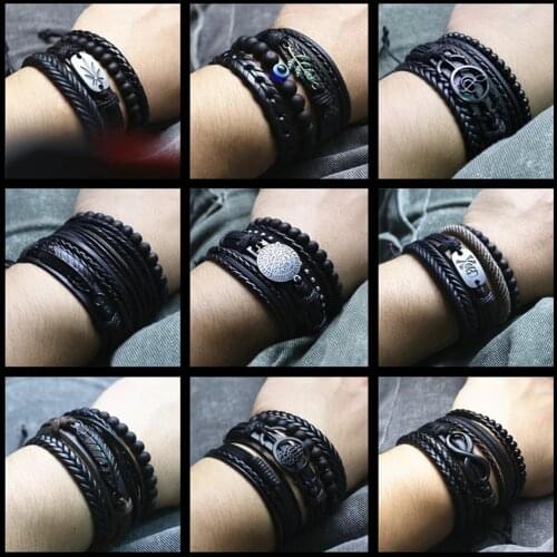4pcs/set Black Boho Punk Wrap Charm Leather Bracelet Men Homme Bileklik Accesorios Pulseras Mujer Bracelets for women Jewelry