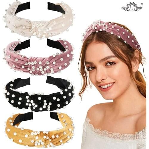 Pearl Hair Accessories Velvet Wide Side Headband Knot Turban Baroque Hairband For Women Girls Knot Headwear Elastic Hair Hoops
