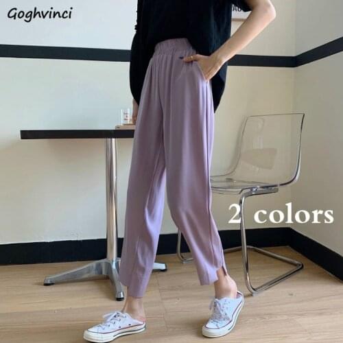 Casual Pants Women Ankle-length Straight Solid Elastic-waist All-match Trendy Slim Korean Style Womens Trousers Drape Chic Retro