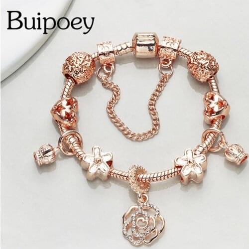 Buipoey Rose Gold Flower Crown Pendant Charm Bracelet Hot DIY Fine Heart Beads Snake Chain Bracelets For Women Girls Gift