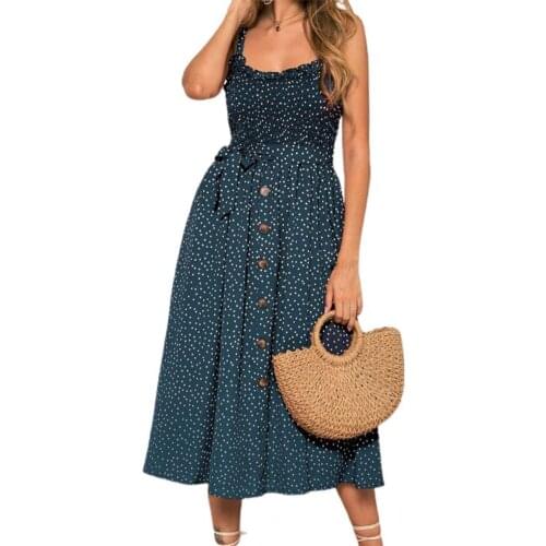 Summer Women Ethnic Sling Dress Spaghetti Straps Ruffle Polka Dots Print Buttons Low Cut Midi Dress for Party Streetwear