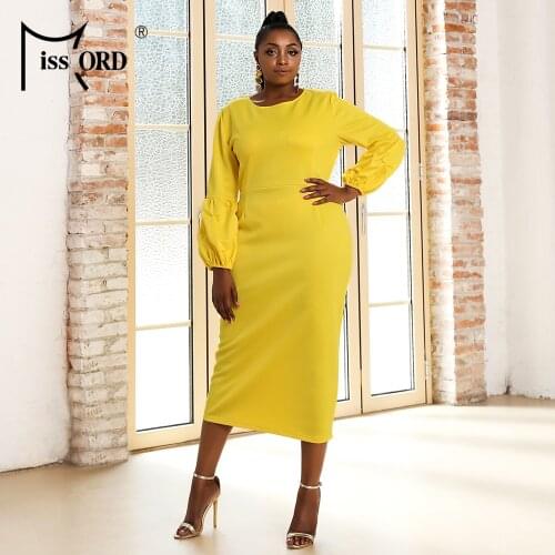 Missord 2021 Women Plus Size Dresses Midi Lantern Sleeve Sexy Bodycon Prom Party Vestidos Elegant Yellow Long Dress 2XL 3XL
