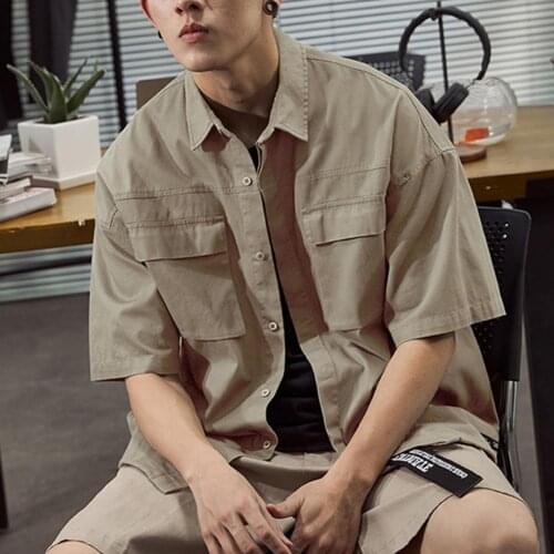 Mens Harajuku Vintage Shirts Shirt Short Sleeve Pockets Solid Color Loose Buttons Shirt for School Streetwear Male Casual Shirt