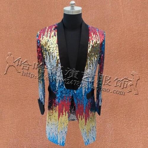 Men Slim long section Fashion Gradient sequins nightclubs bars Dresses male singers stage costumes magician performance clothing